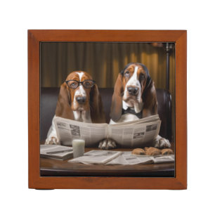 Cute basset hounds reading newspaper desk organizer