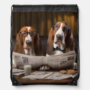 Cute basset hounds reading newspaper drawstring bag