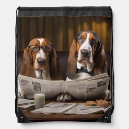 Cute basset hounds reading newspaper drawstring bag