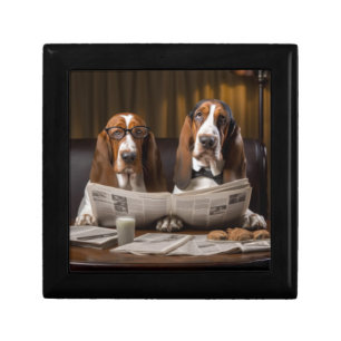 Cute basset hounds reading newspaper gift box
