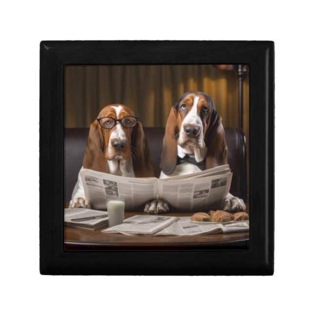Cute basset hounds reading newspaper gift box (Front)