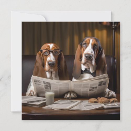 Cute basset hounds reading newspaper invitation