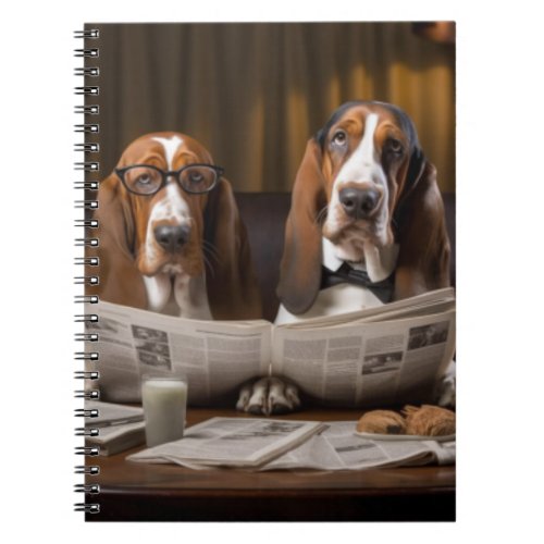 Cute basset hounds reading newspaper notebook