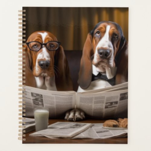 Cute basset hounds reading newspaper planner