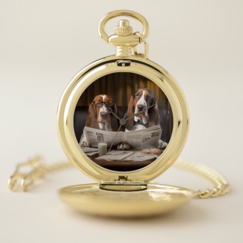 Cute basset hounds reading newspaper pocket watch