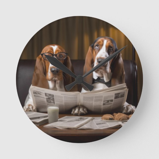 Cute basset hounds reading newspaper round clock (Front)