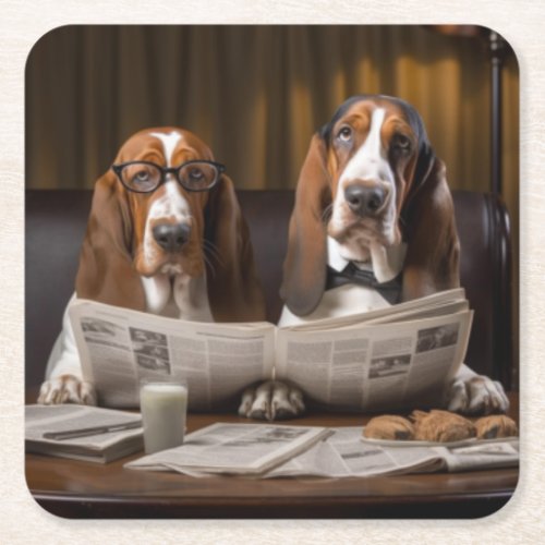 Cute basset hounds reading newspaper square paper coaster