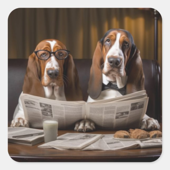 Cute basset hounds reading newspaper square sticker (Front)