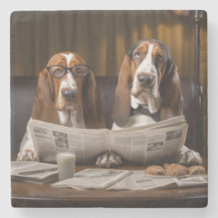 Cute basset hounds reading newspaper stone coaster