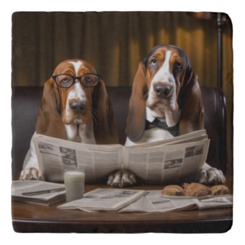 Cute basset hounds reading newspaper trivet