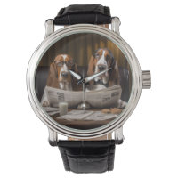 Cute basset hounds reading newspaper