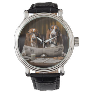 Cute basset hounds reading newspaper watch