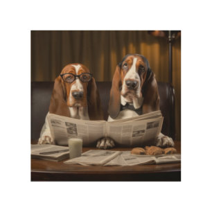 Cute basset hounds reading newspaper wood wall art