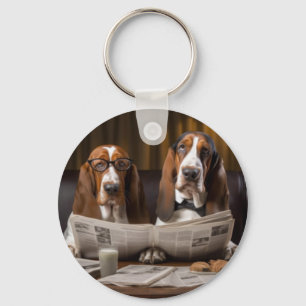 Cute basset hounds reading the news keychain