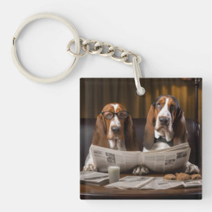 Cute basset hounds reading the news keychain