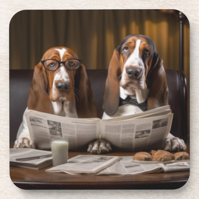 Cute basset hounds reading the news Trivet Beverage Coaster (Front)