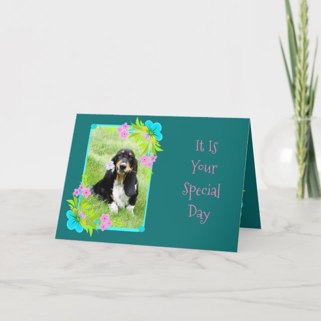 Cute Basset Puppy On Flowery Birthday Day Card (Front)