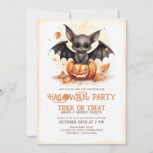 Cute Bat and Pumpkin Halloween Party Invitation