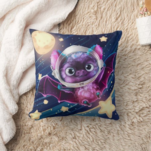 Cute Bat as an Astronaut Flying with Stars  Moon Throw Pillow