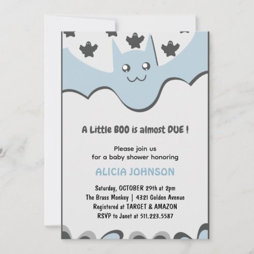 Cute bat Boy Little boo Halloween baby shower  Invitation