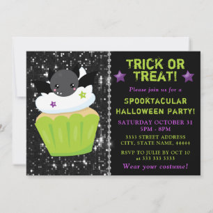 Cute Bat Halloween Cupcake Kids Party Invitation