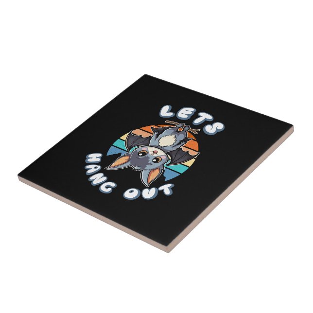 Cute Bat Hanging and Retro Sunset | Let's Hang Out Ceramic Tile (Side)