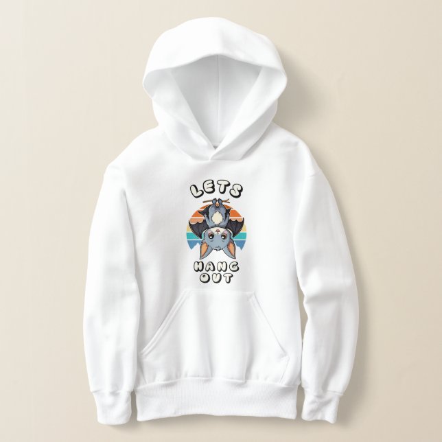 Cute Bat Hanging and Retro Sunset | Let's Hang Out Hoodie (Laydown)