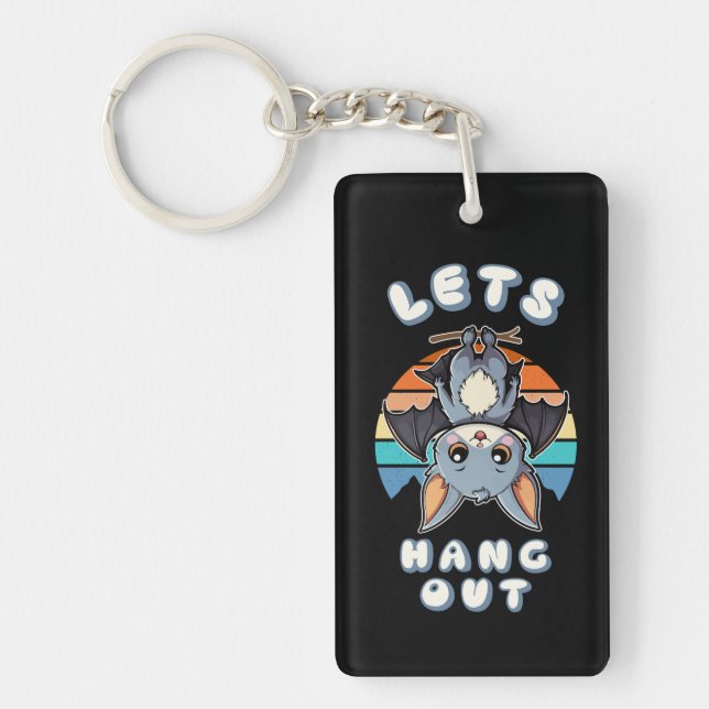 Cute Bat Hanging and Retro Sunset | Let's Hang Out Keychain (Front)