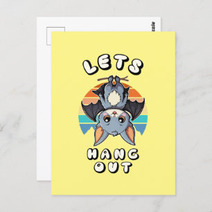 Cute Bat Hanging and Retro Sunset Let's Hang Out Postcard