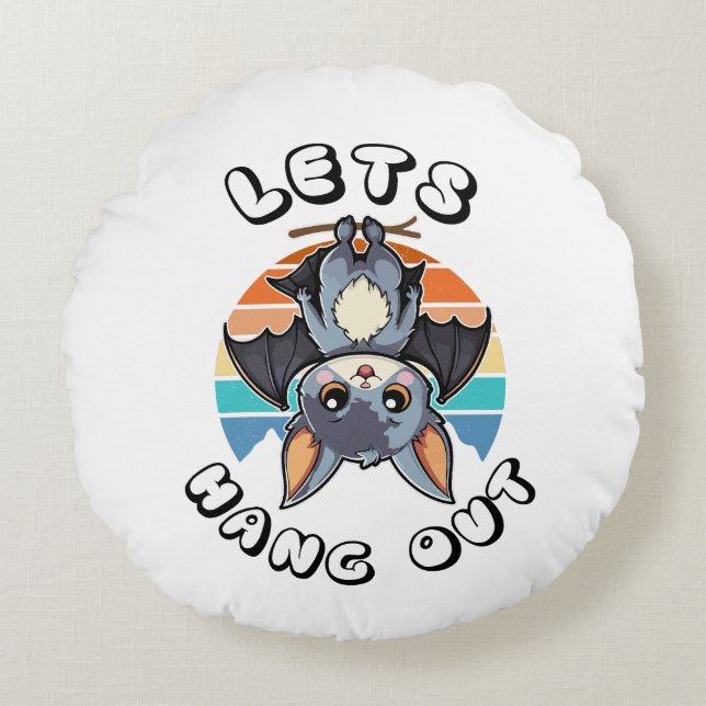 Cute Bat Hanging and Retro Sunset | Let's Hang Out Round Pillow (Front)