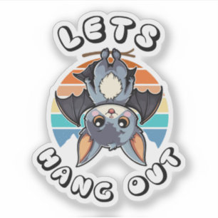 Cute Bat Hanging and Retro Sunset Let's Hang Out Sticker