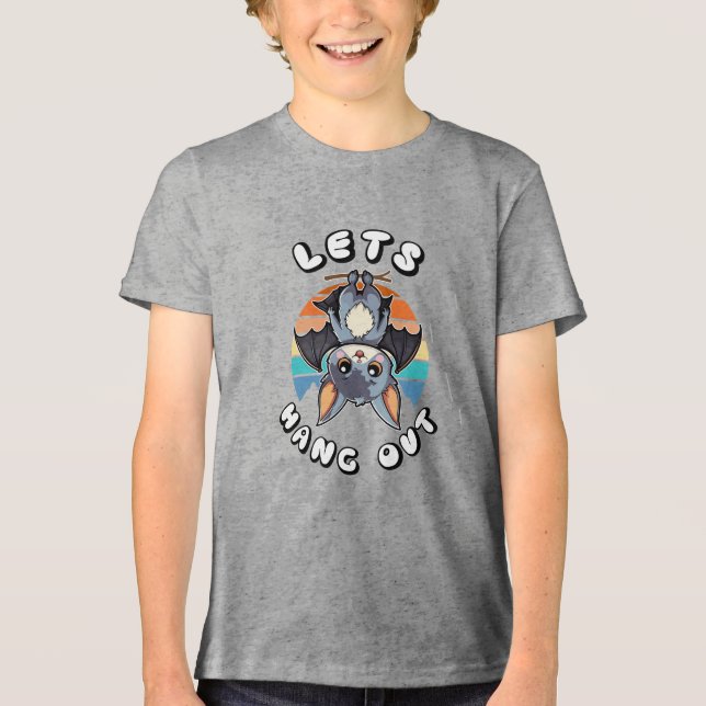 Cute Bat Hanging and Retro Sunset | Let's Hang Out Tri-Blend Shirt (Front)