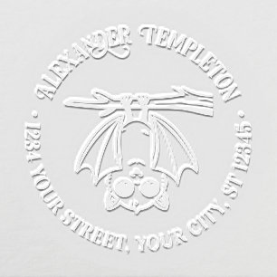 Cute Bat Hanging From Branch Name Return Address Embosser