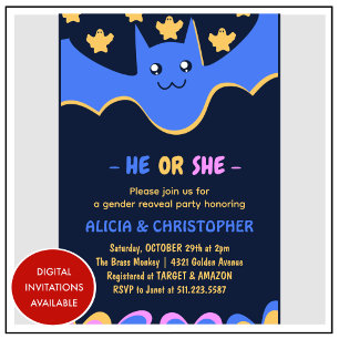 Cute Bat He or She Halloween gender reveal Invitation