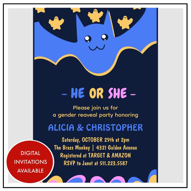 Cute Bat He or She Halloween gender reveal Invitation (Cute-Bat-He-or-She-Halloween-gender-reveal-Invitation-1)