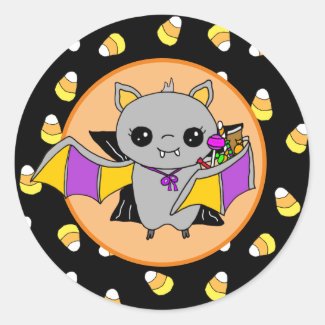 Cute Bat Holding Halloween Candy Classic Round Sticker