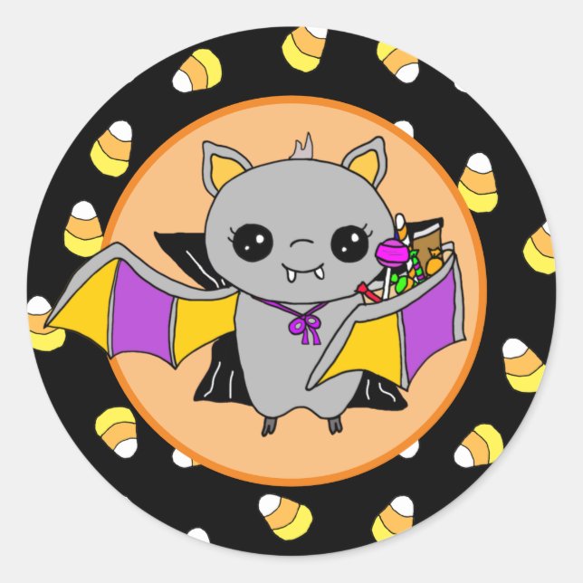 Cute Bat Holding Halloween Candy Classic Round Sticker (Front)