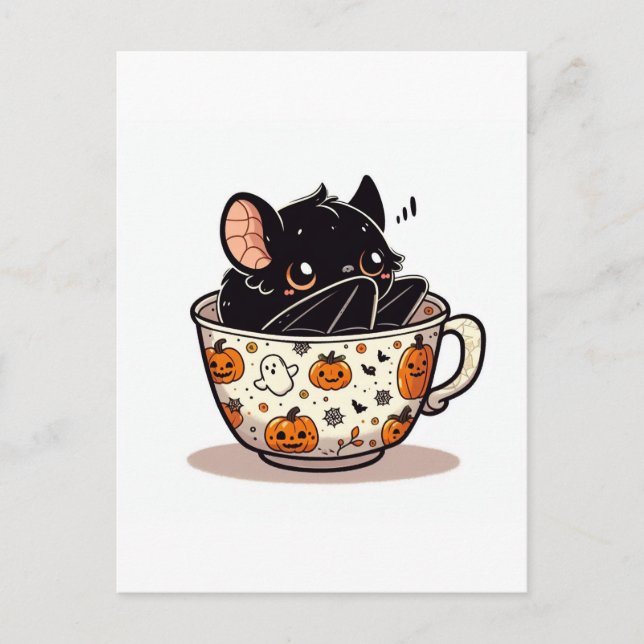 Cute Bat in a Halloween Teacup Postcard (Front)