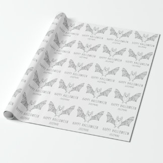 Cute Bat Line Art With Custom Name Happy Halloween Wrapping Paper