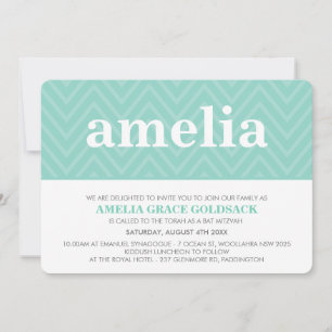 CUTE BAT MITZVAH trendy name chevron pattern mint Invitation