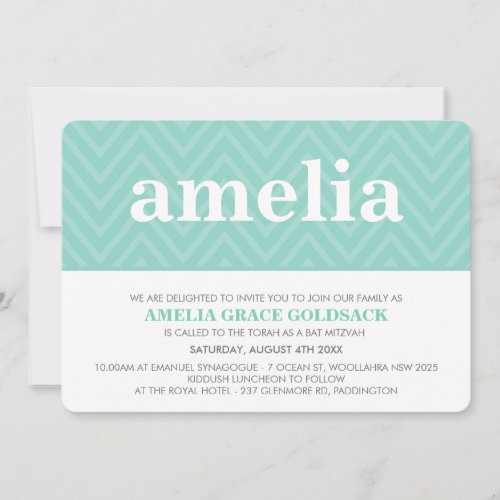 CUTE BAT MITZVAH trendy name chevron pattern mint Invitation