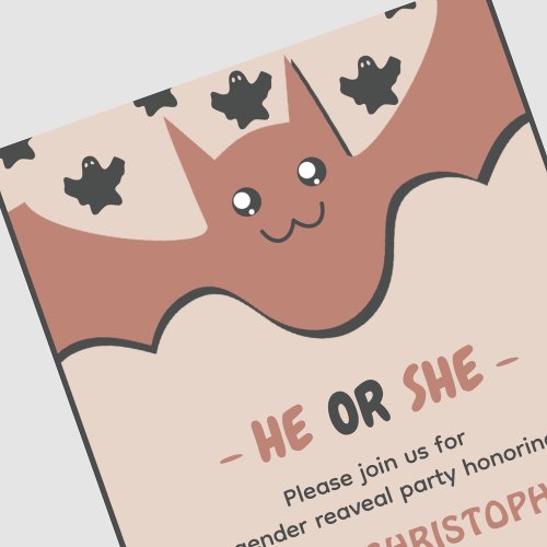 Cute bat October He or She Halloween gender reveal Invitation