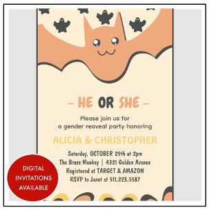 Cute bat Orange He or She Halloween gender reveal Invitation