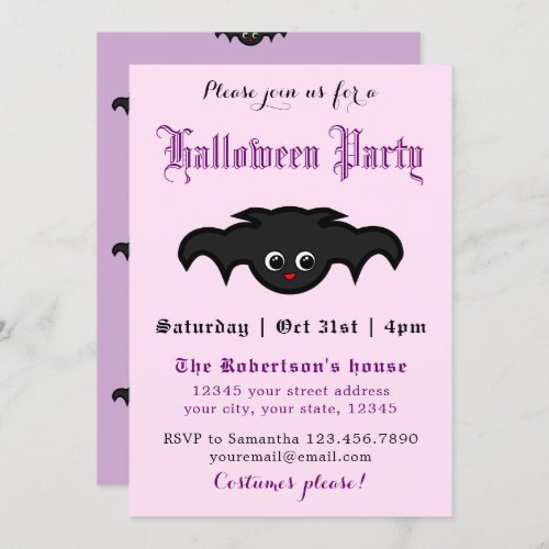 Cute Bat Pastel Pink Halloween Party Invitation