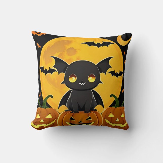 🦇🎃 Cute Bat Pumpkin Cozy Halloween Night Glow ✨ Throw Pillow (Front)