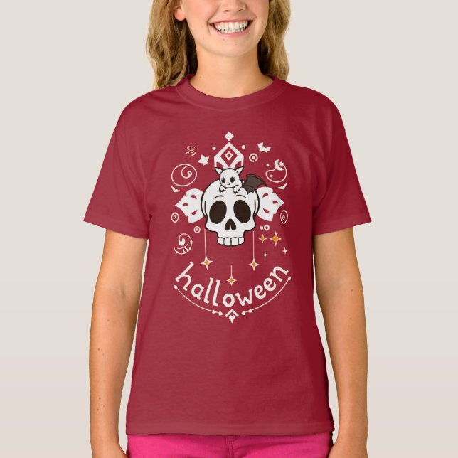 Cute Bat & Skull Halloween Vibes  T-Shirt (Front)