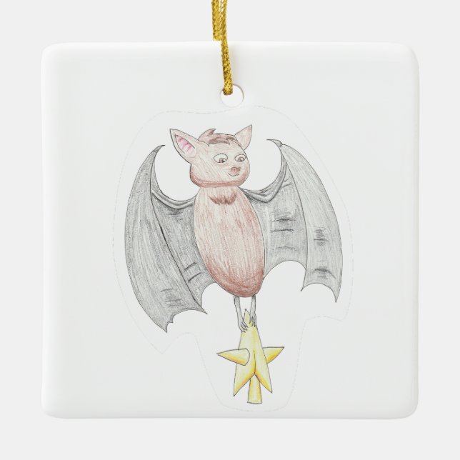 Cute Bat With Christmas Star Ceramic Ornament (Front)