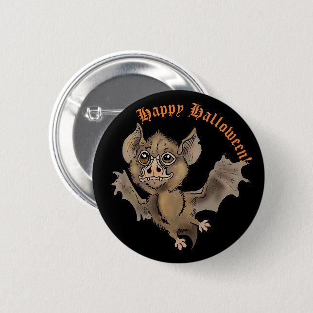 Cute Bat with Fangs Happy Halloween Button (Front & Back)