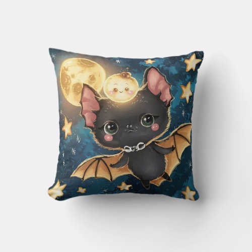 Cute Bat with Yellow Wings and Moon on Its Head Throw Pillow