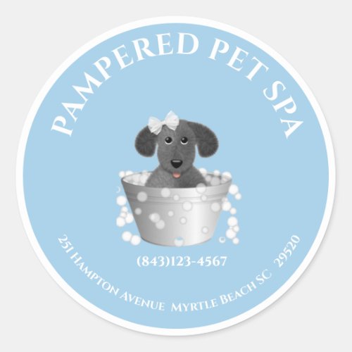 Cute Bathtub Pet Groomer Address Classic Round Sticker